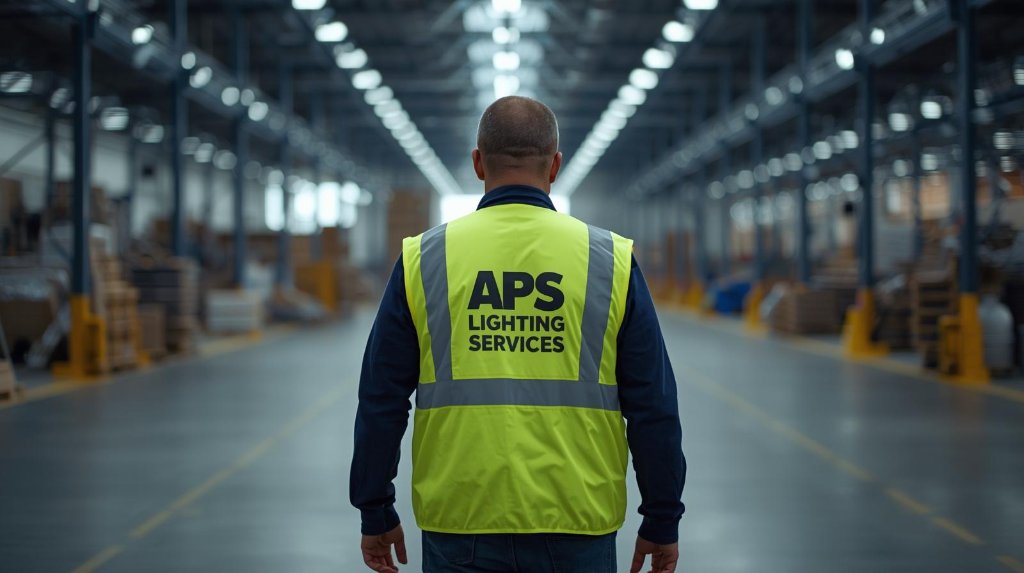 Electrician walking through warehouse wearing APS Lighting Services safety vest