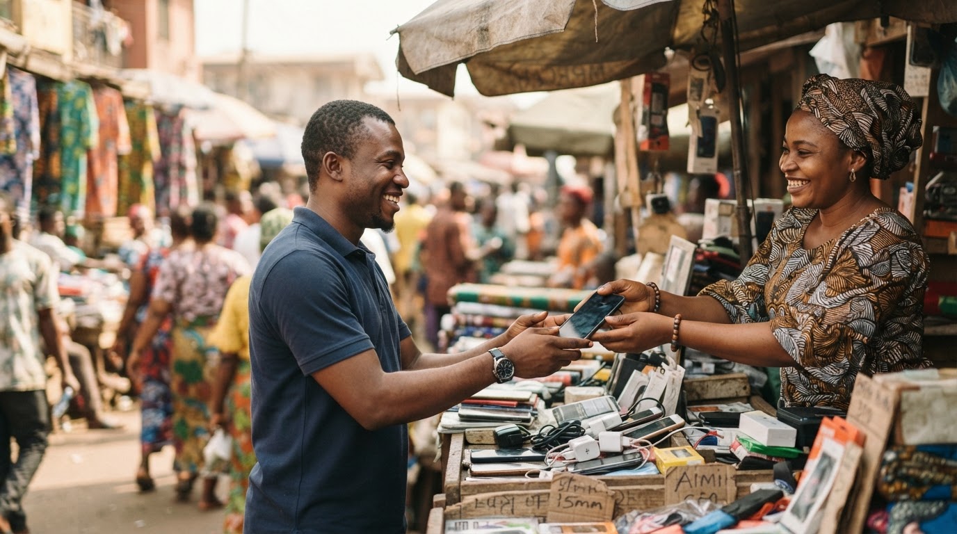 A Nigerian seller handing a smartphone to a customer in a busy market