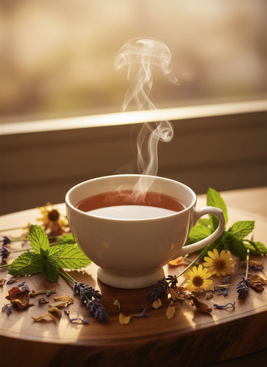 Steaming herbal tea with fresh herbs