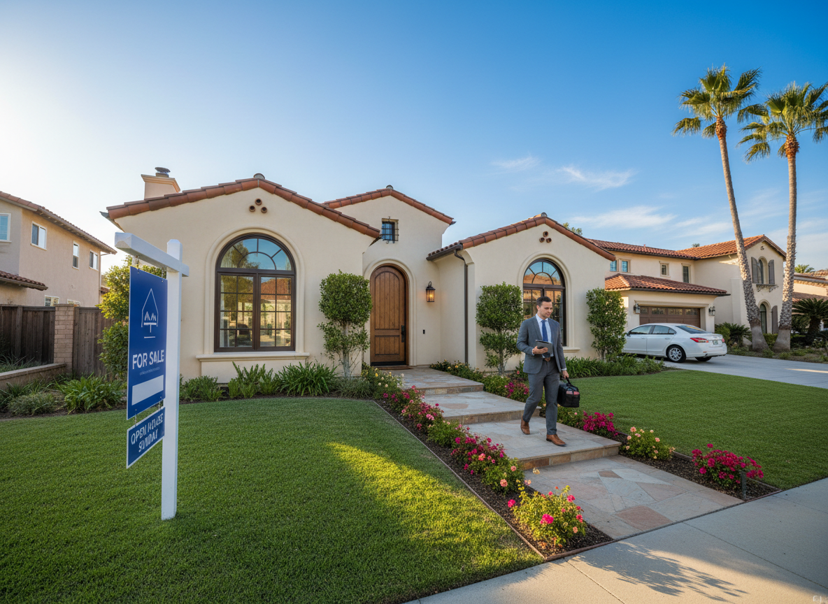 Professional home inspector approaching a residential property