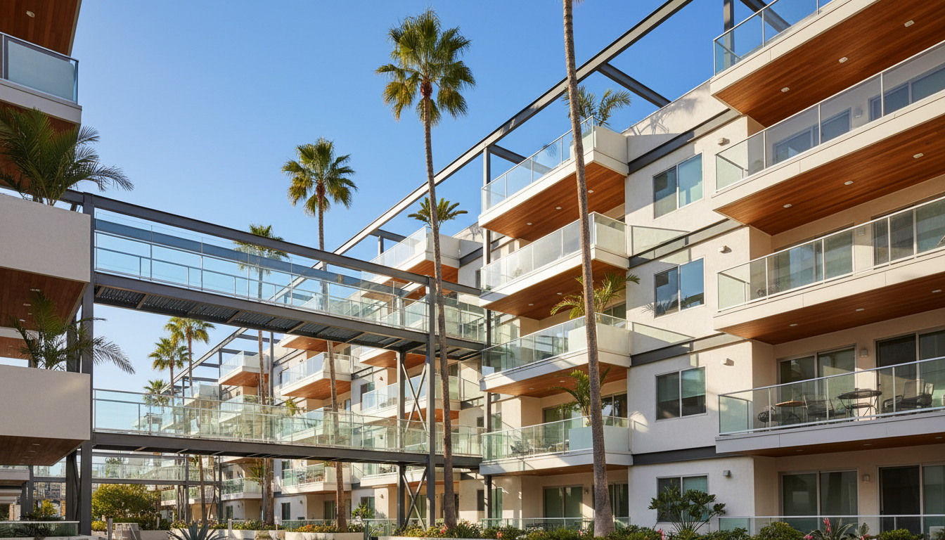 Modern Southern California apartment building with multiple balconies