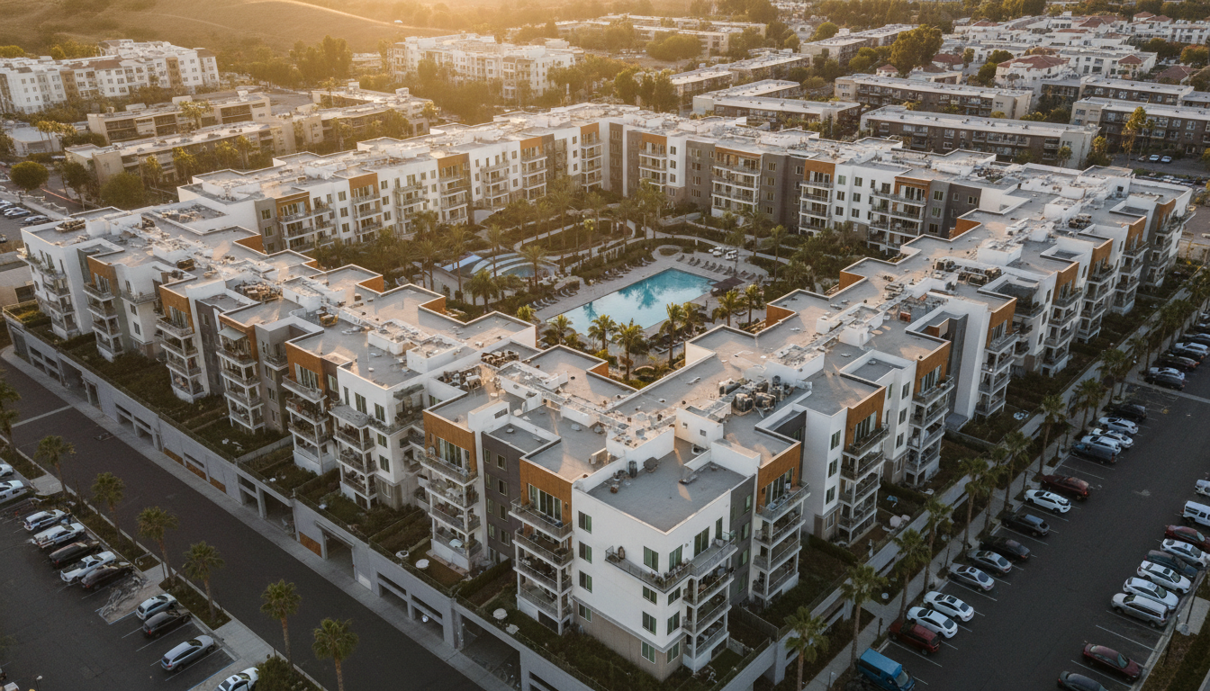 Aerial view of Southern California apartment complex showing multiple balconies requiring inspection