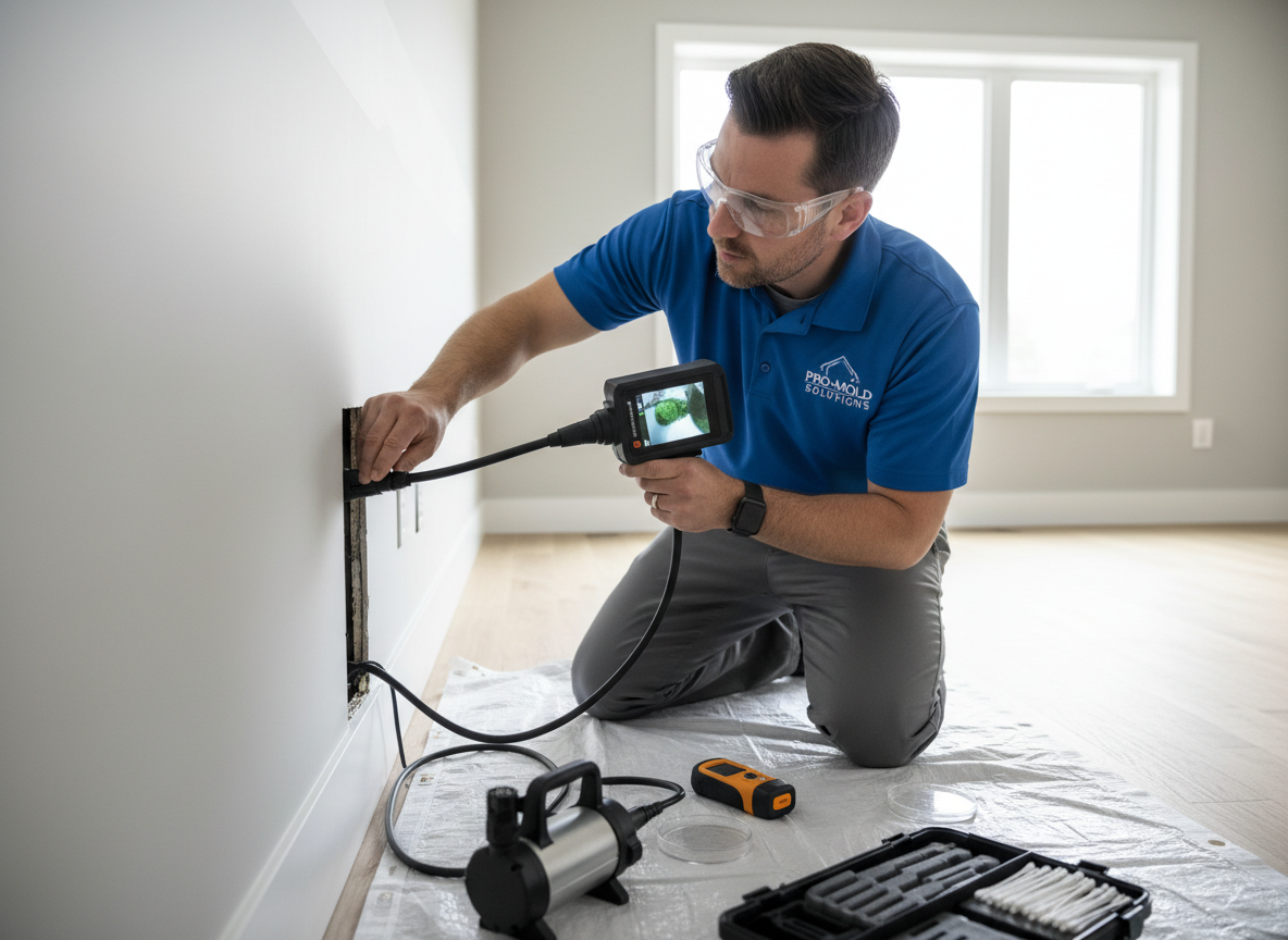 Inspector conducting mold testing with specialized equipment