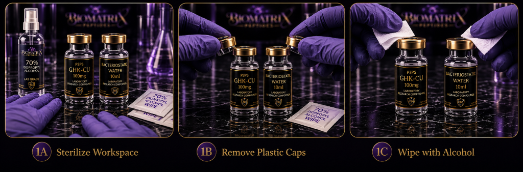 Sterilize workspace, remove plastic caps, wipe with alcohol