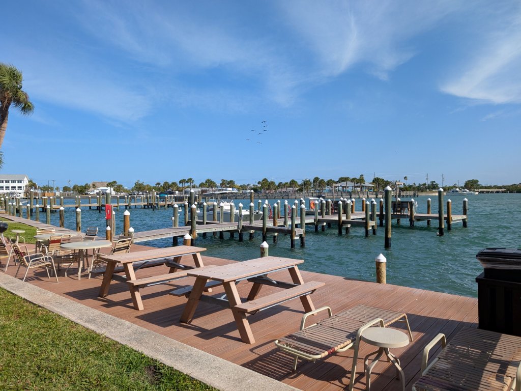 Waterfront seating area with docks