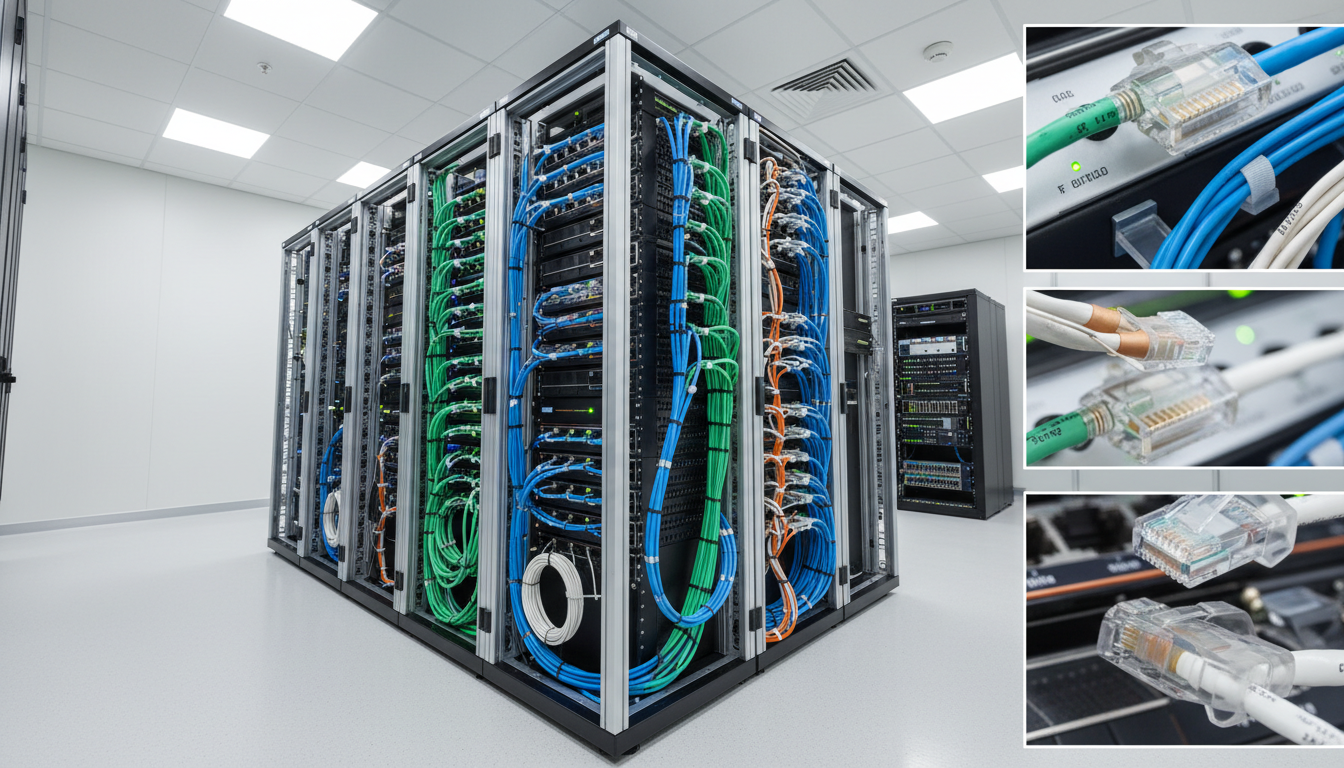 Organized server rack with glowing status lights