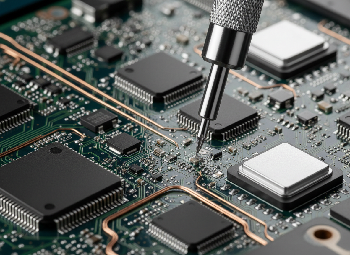 Macro photography of computer motherboard repair with precision tools