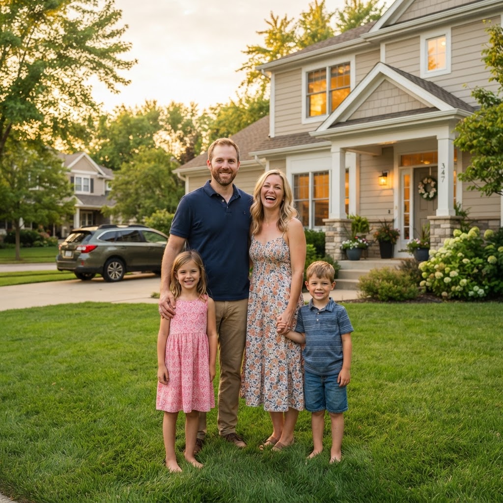 Happy family in front of their home