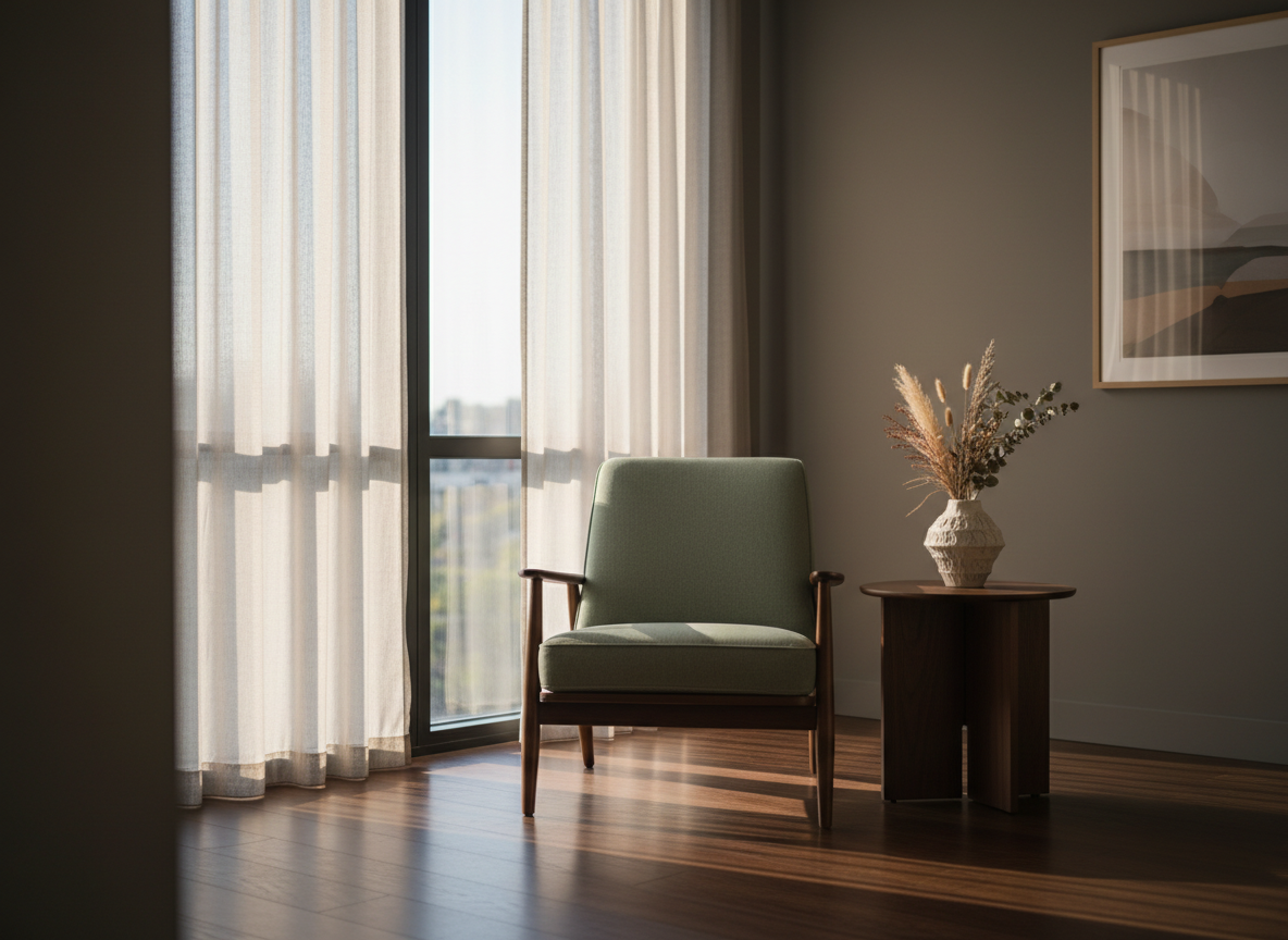 An elegant armchair beside a floor-to-ceiling window in a serene high-end office