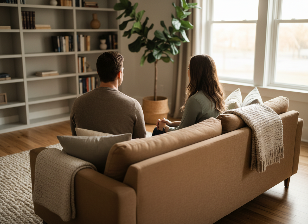 A couple sitting together in a serene therapy environment, representing partnership and relational healing