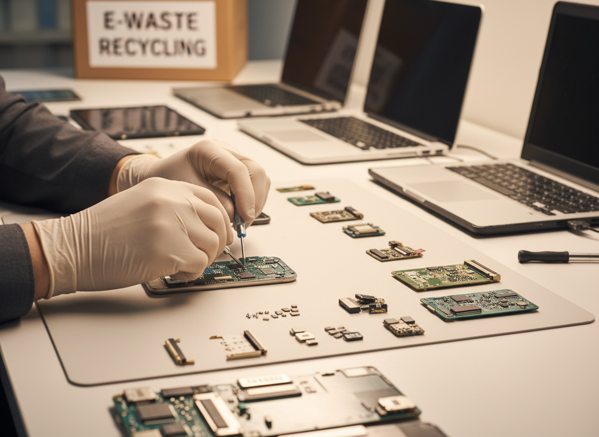 Hands carefully disassembling electronics for recycling
