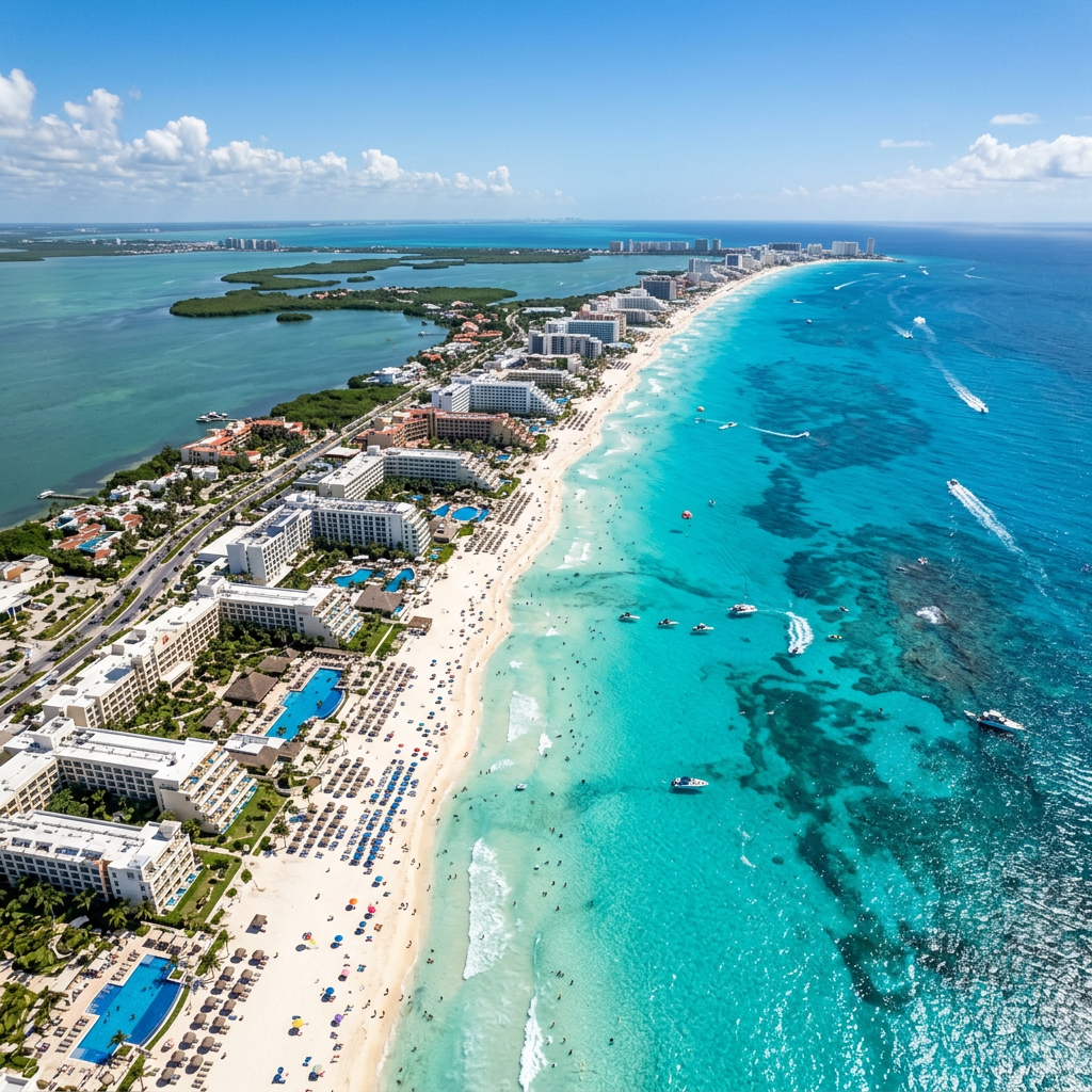 Cancun Hotel Zone aerial view — turquoise Caribbean Sea and resort strip