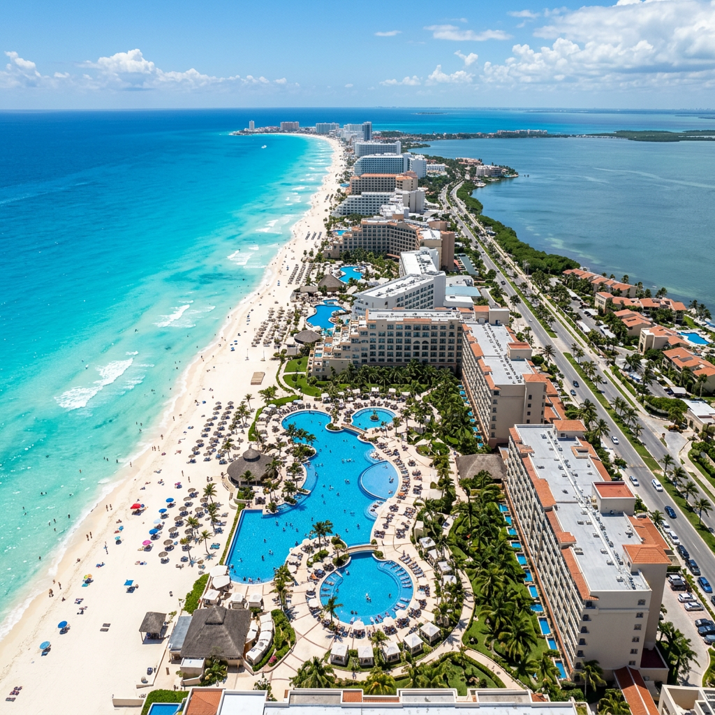 Cancun Hotel Zone aerial view — turquoise Caribbean water and white sand beach