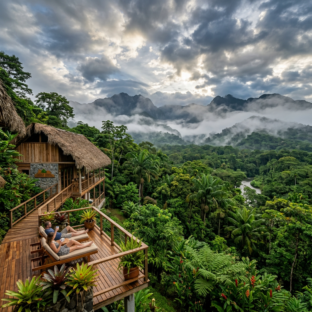 Costa Rica rainforest and eco-lodge — lush tropical landscape
