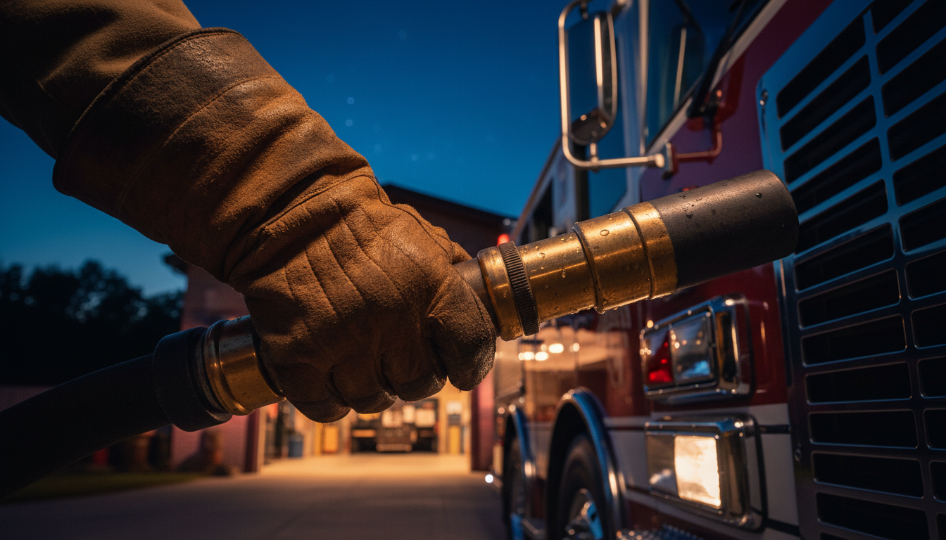 Volunteer firefighter preparing equipment during twilight