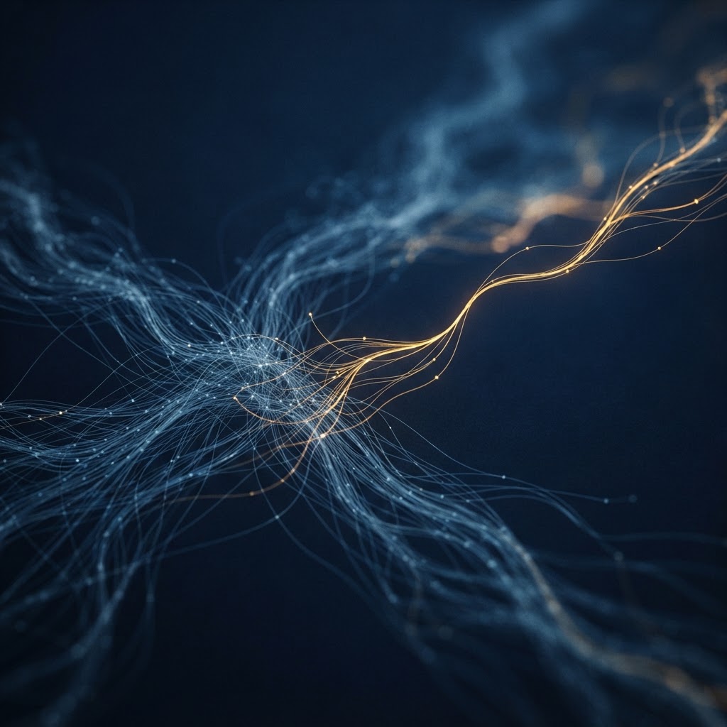 Abstract network of connected lines with one thread lighting up in gold