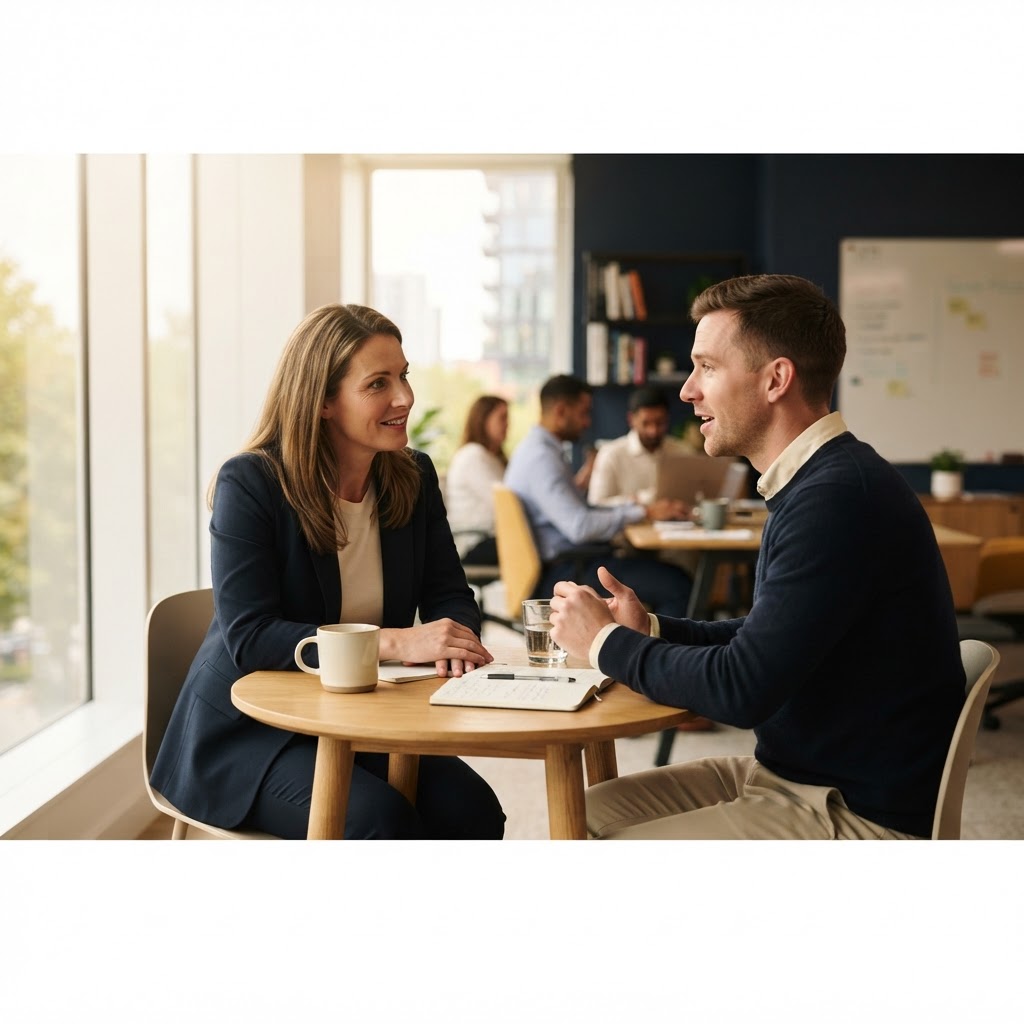 A manager and a team member in a focused one-on-one conversation