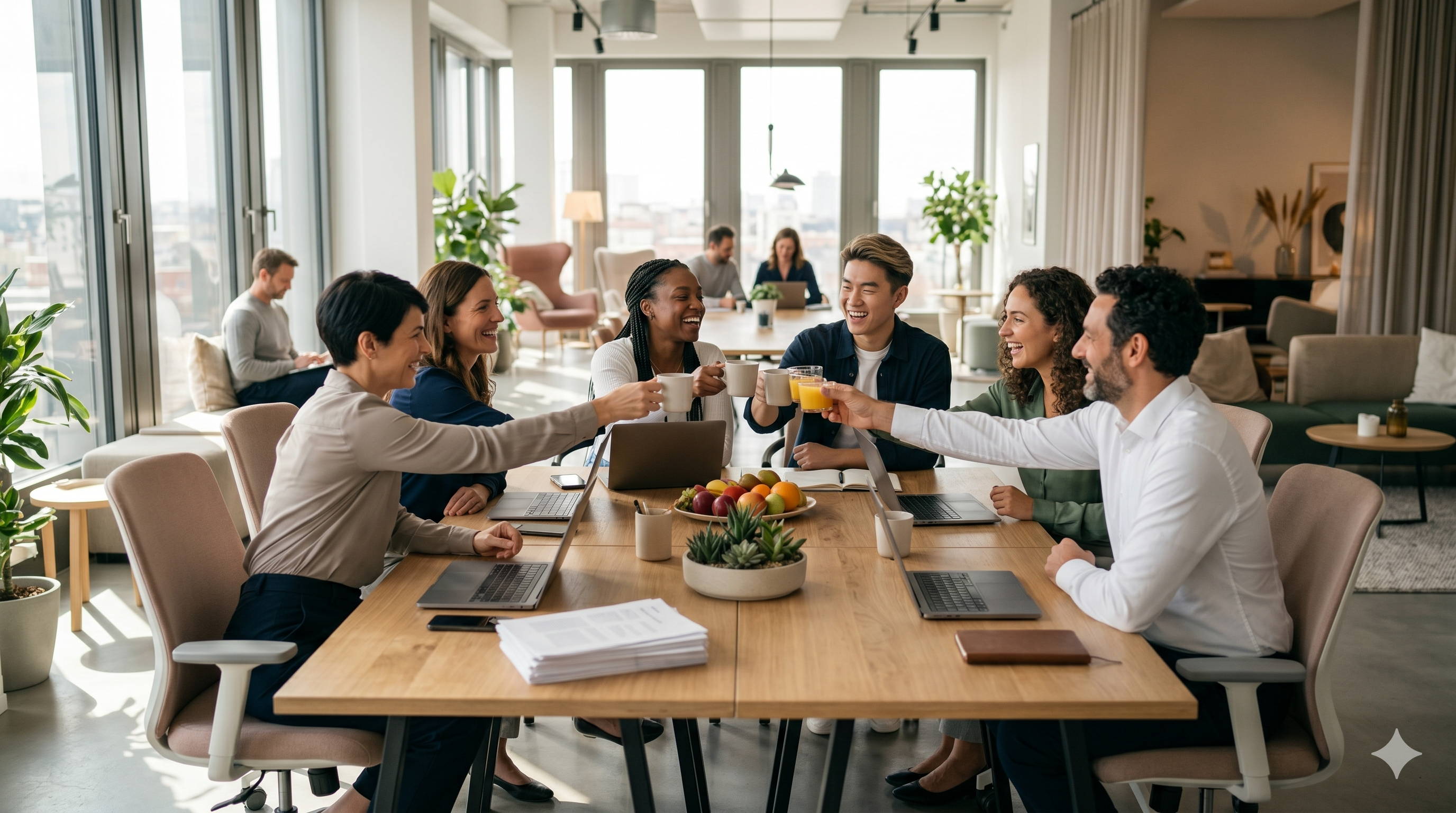 Diverse enterprise team celebrating together in modern office - BeWithly workplace digital wellness