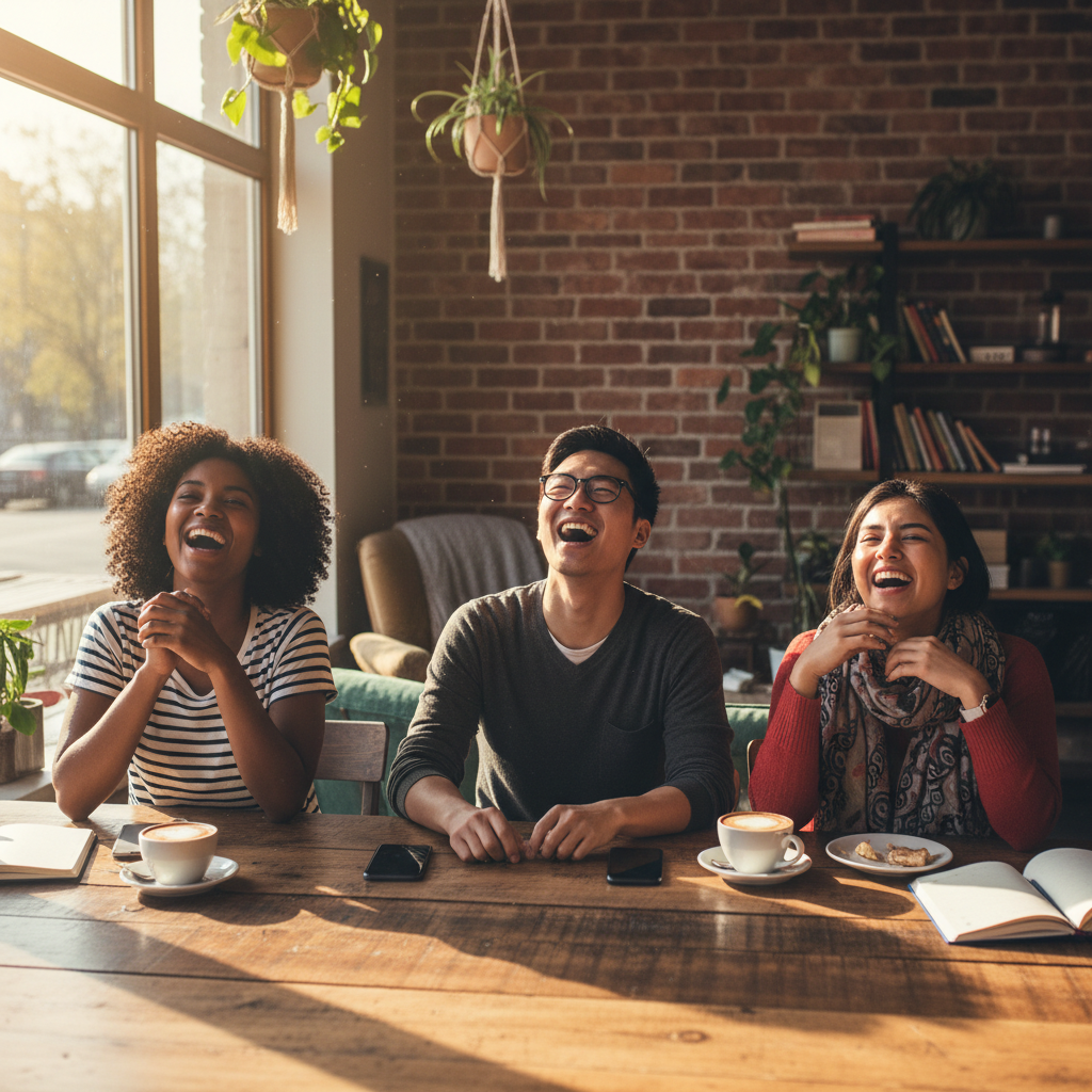 Friends at coffee shop with phones face down during BeWithly session