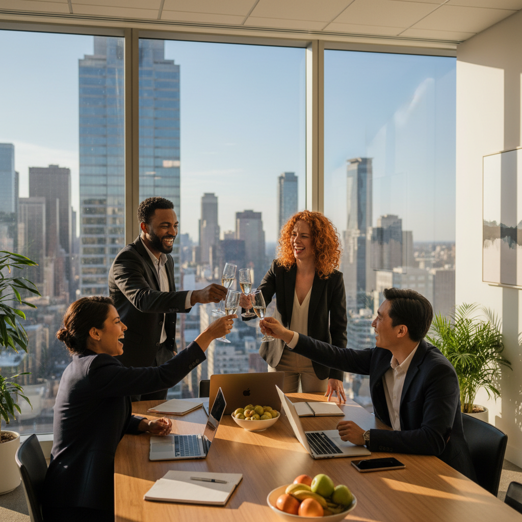 Diverse enterprise team celebrating together in modern office - BeWithly workplace digital wellness