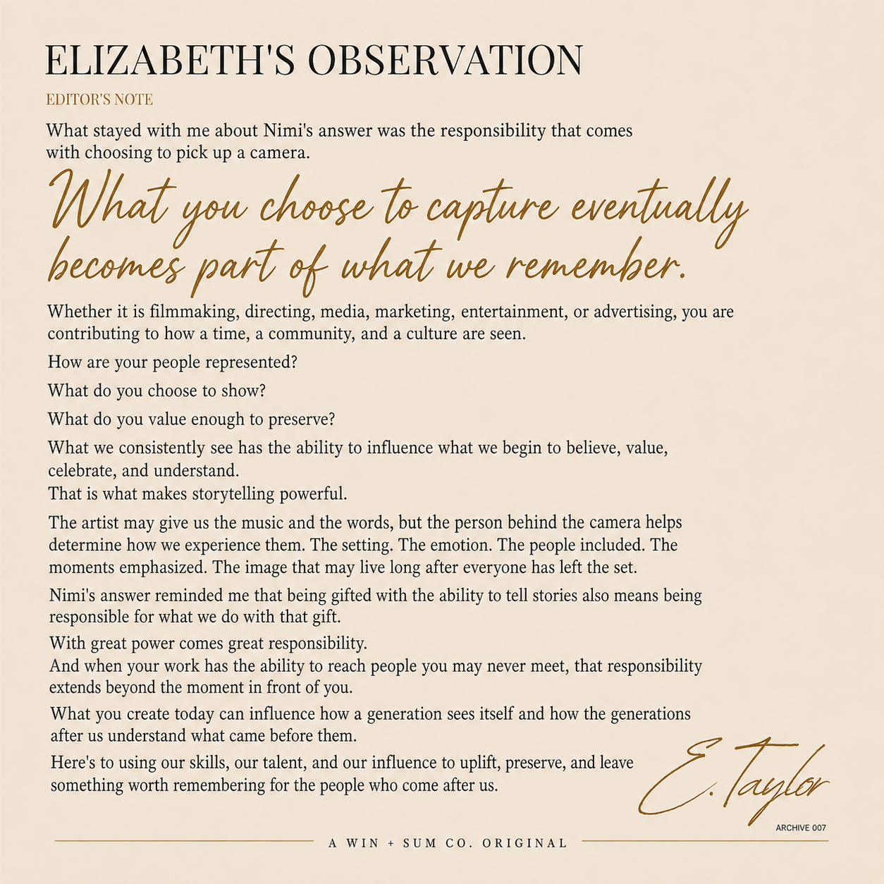 Elizabeth's Observation, an editor's note by Elizabeth Taylor.