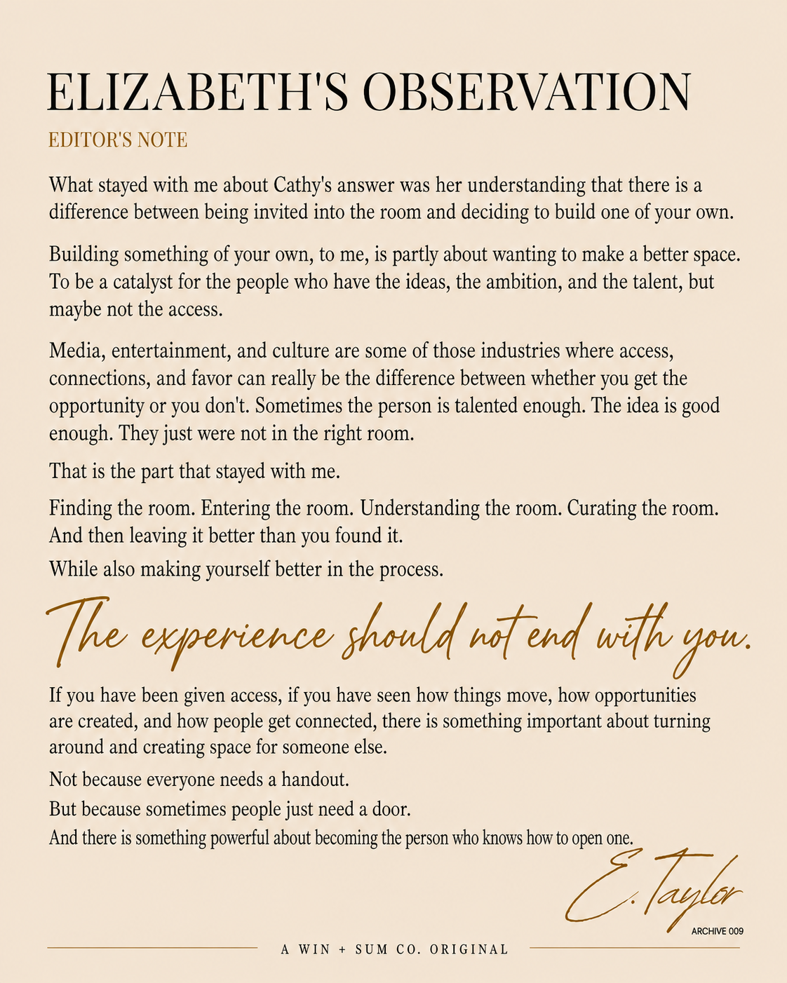 Elizabeth's Observation, an editor's note by Elizabeth Taylor.