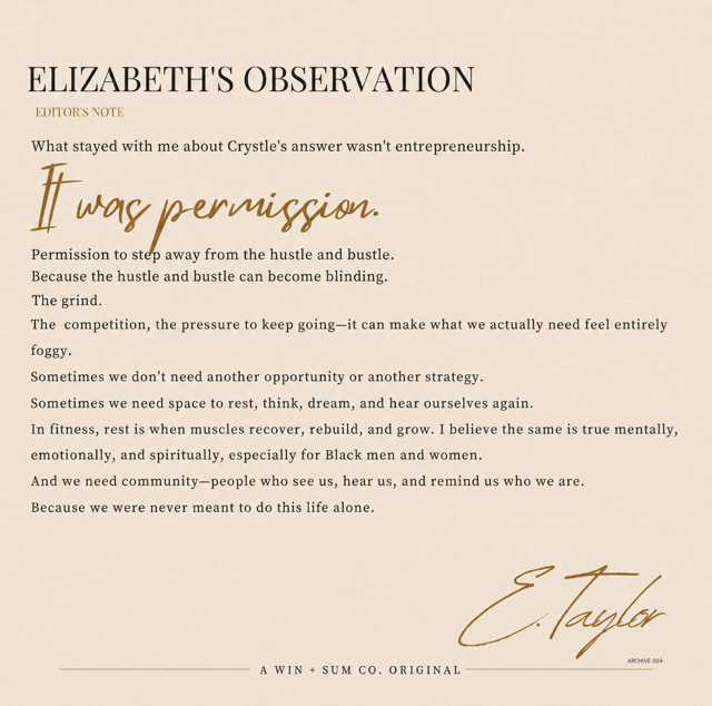 Elizabeth's Observation, an editor's note by Elizabeth Taylor reflecting on rest, belief, community, and Crystle Johnson's answer.