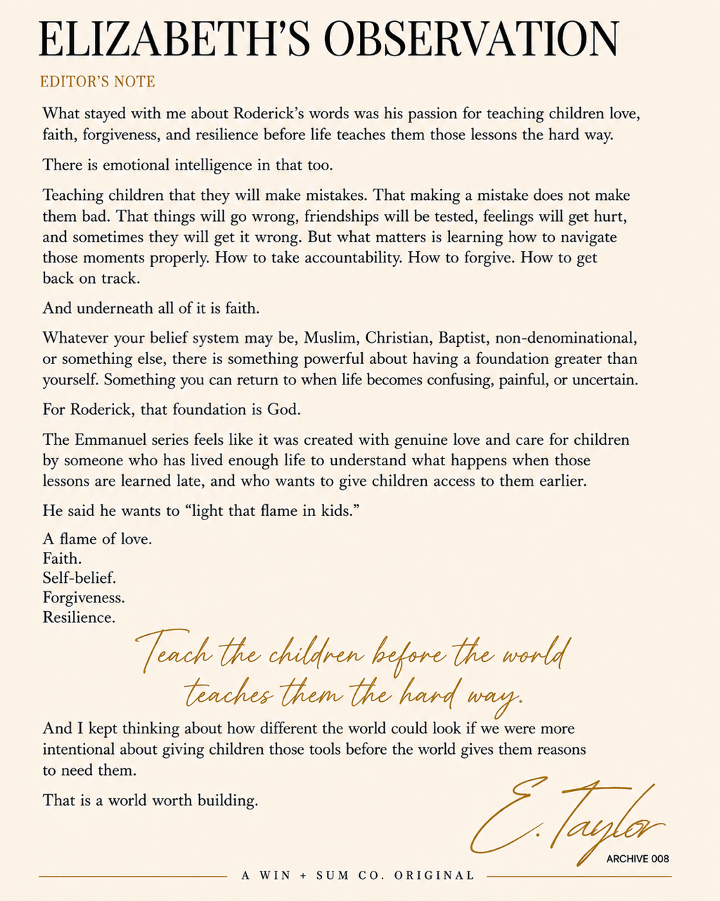 Elizabeth's Observation, an editor's note by Elizabeth Taylor.