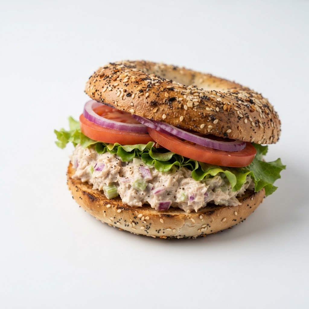 Tuna Salad Bagel - Tuna salad on a fresh bagel with lettuce, tomatoes, and onions available at Pickle Bites Hollywood FL