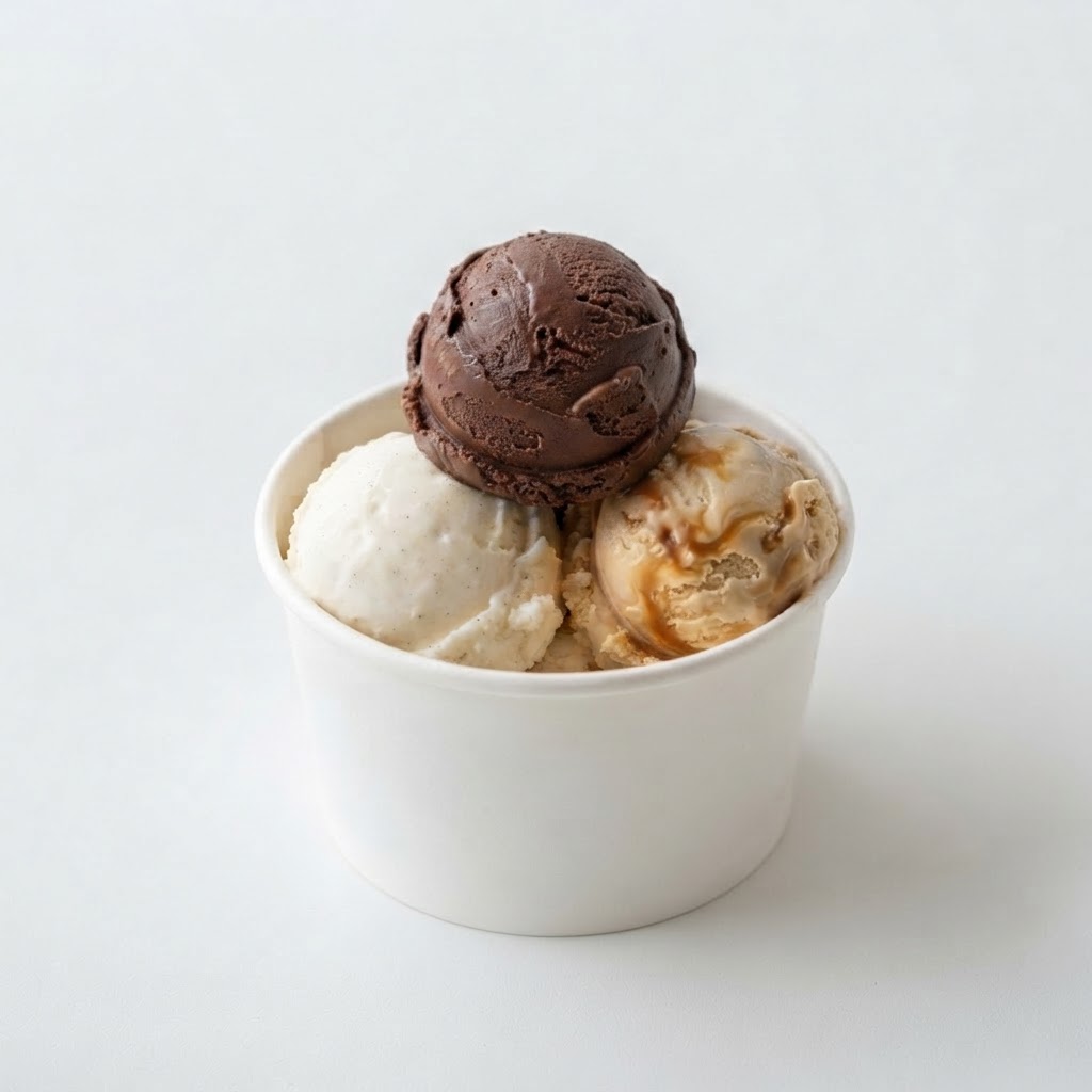 Gelato Cup - 3 Scoops - Three scoops of premium gelato. Flavors: Vanilla • Chocolate • Dulce De Leche • Creamy Coconut available at Pickle Bites Hollywood FL