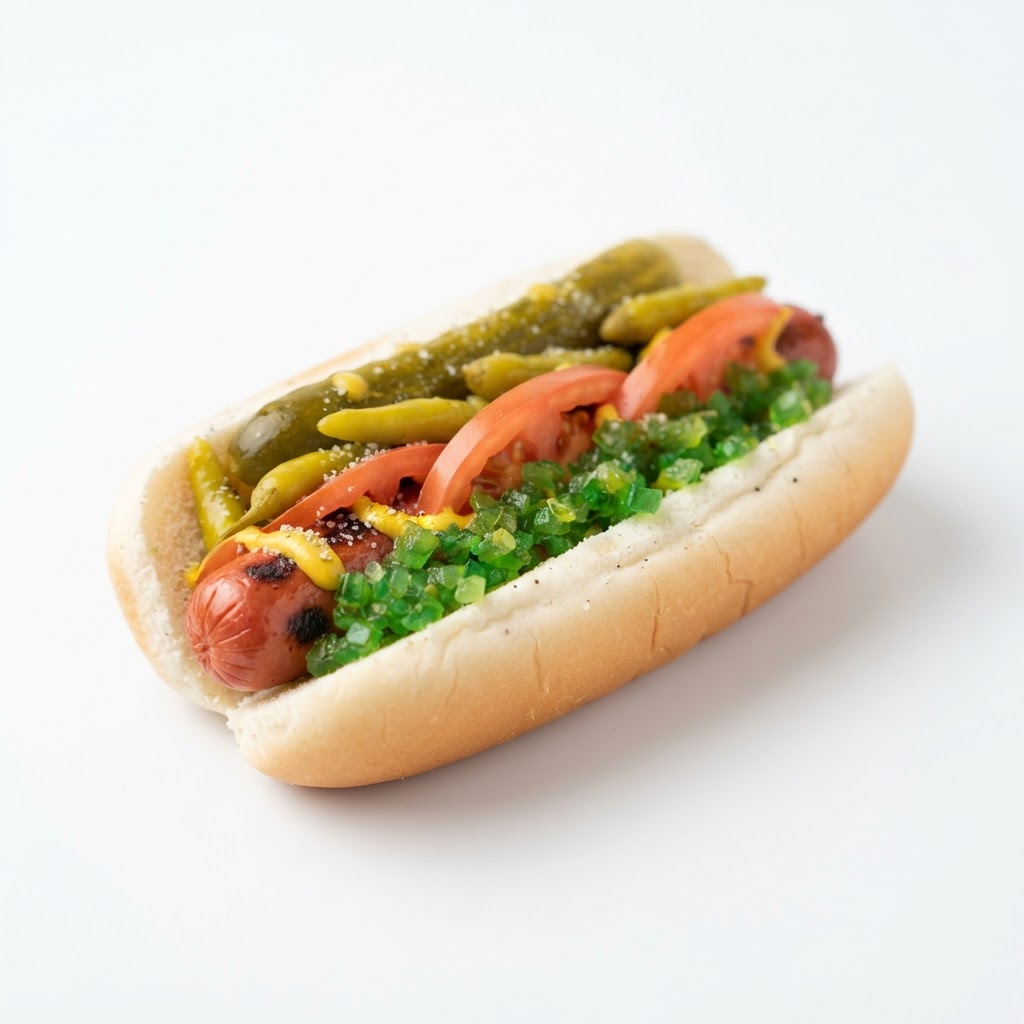 Chicago Dog - Sport peppers, Chicago style relish, tomato, dill pickle, celery salt, and mustard. Make it a combo with chips and soda for $7.99. available at Pickle Bites Hollywood FL