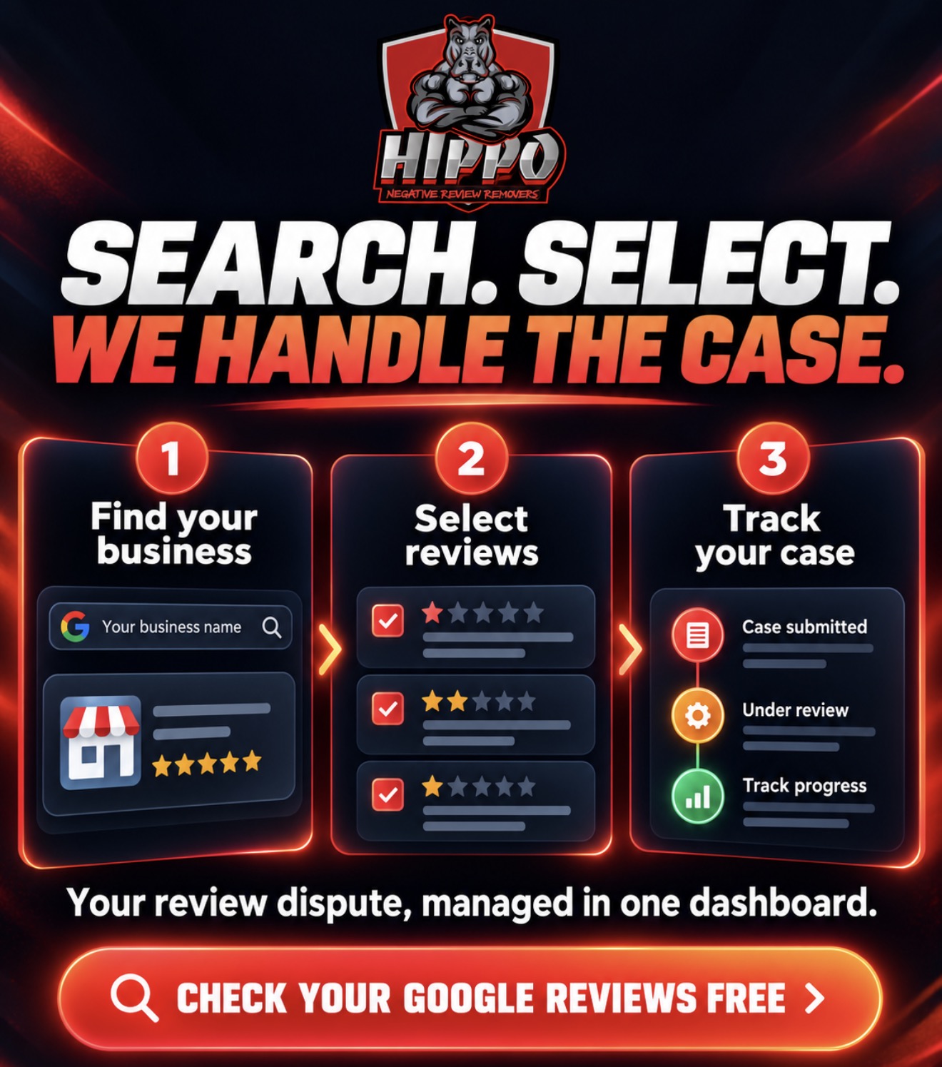 Search. Select. We handle the case. Check your Google reviews free with Hippo Shield.