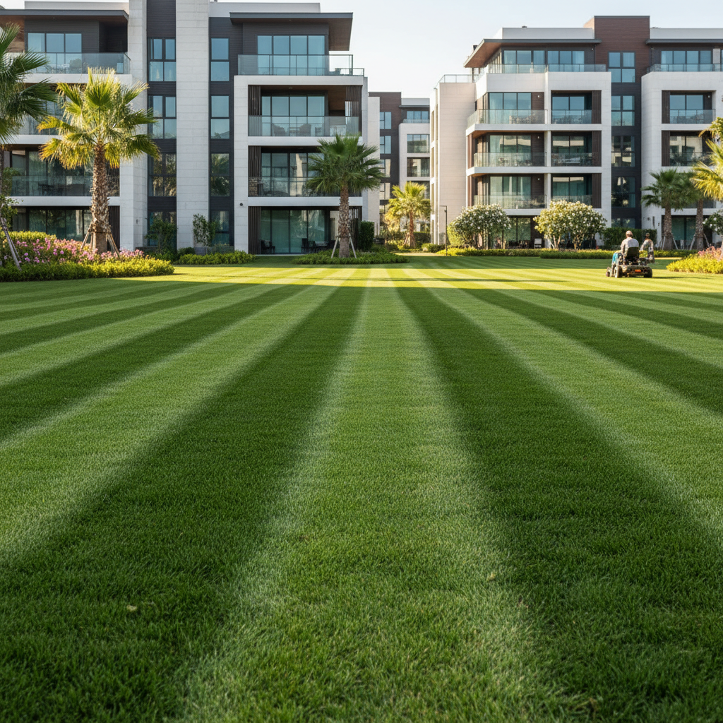 Freshly cut condo lawn