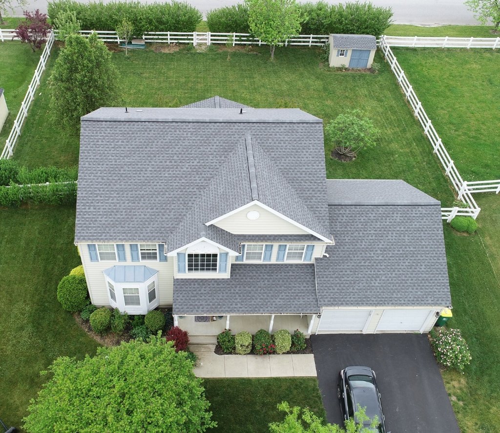 Completed roofing project - aerial view