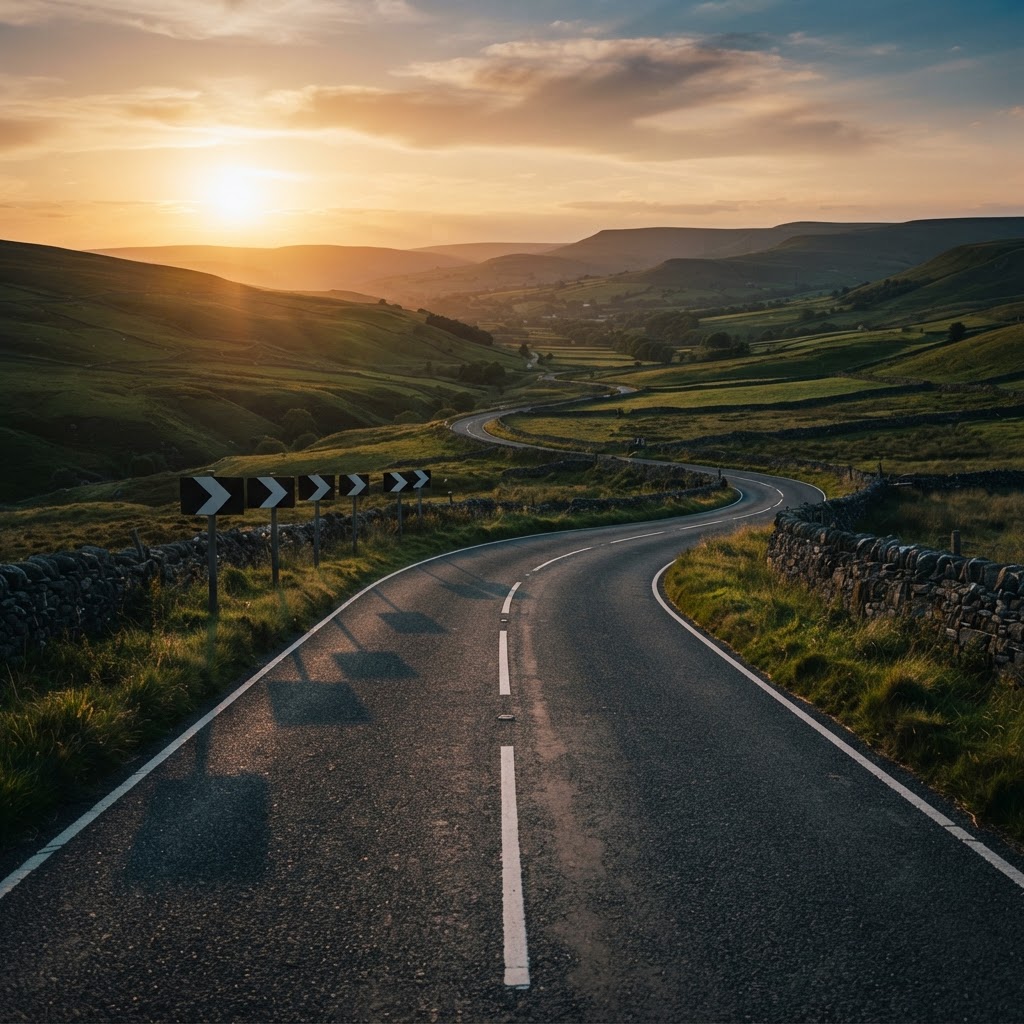 A UK road at golden hour