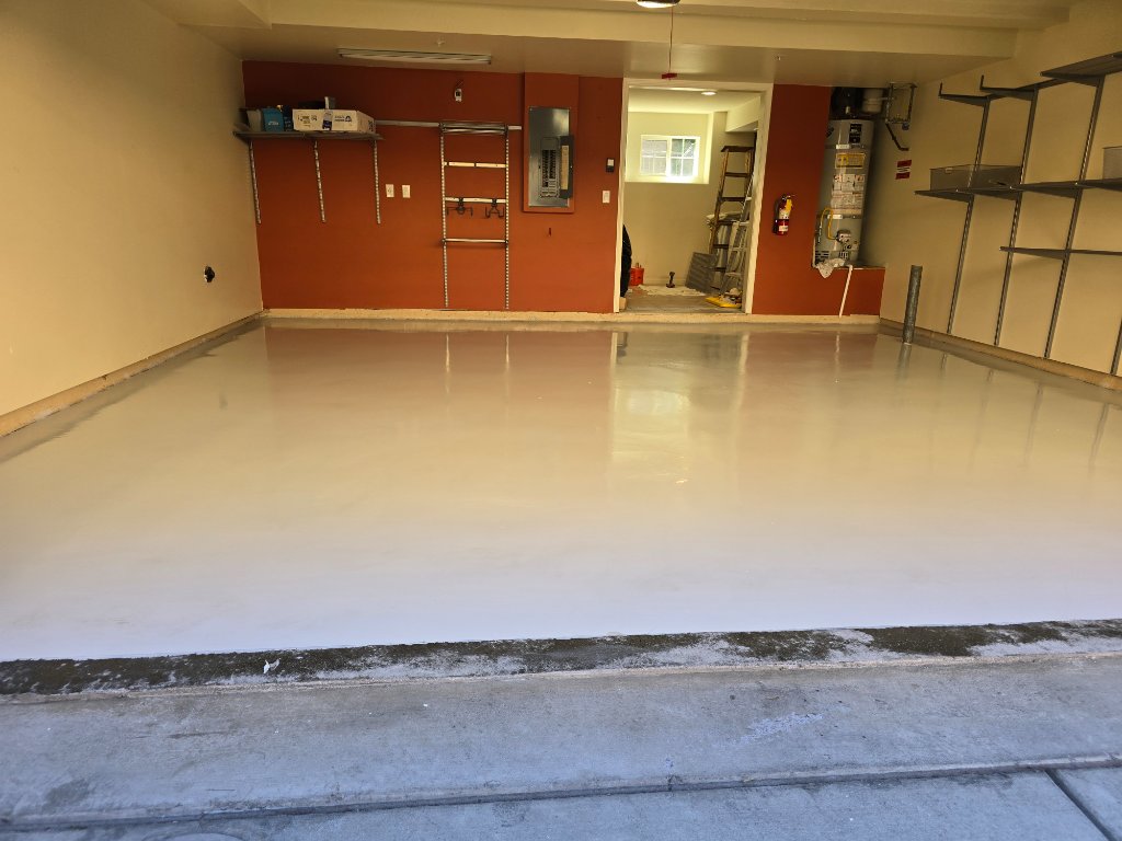 Completed high-gloss light-grey epoxy garage floor coating San Jose CA