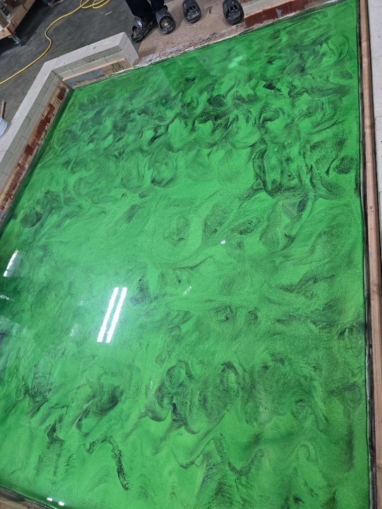 Green metallic epoxy floor commercial space Bay Area California