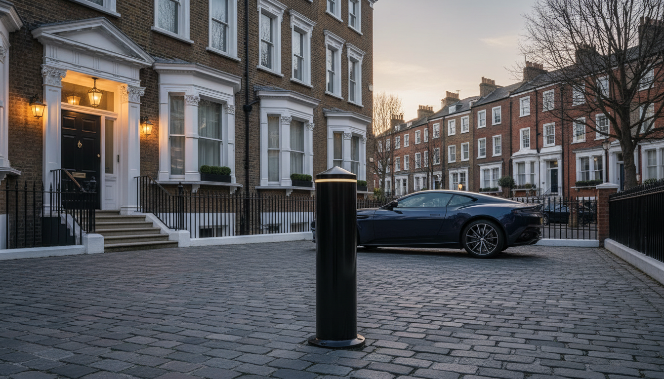 Premium bollard installed on a London driveway at golden hour