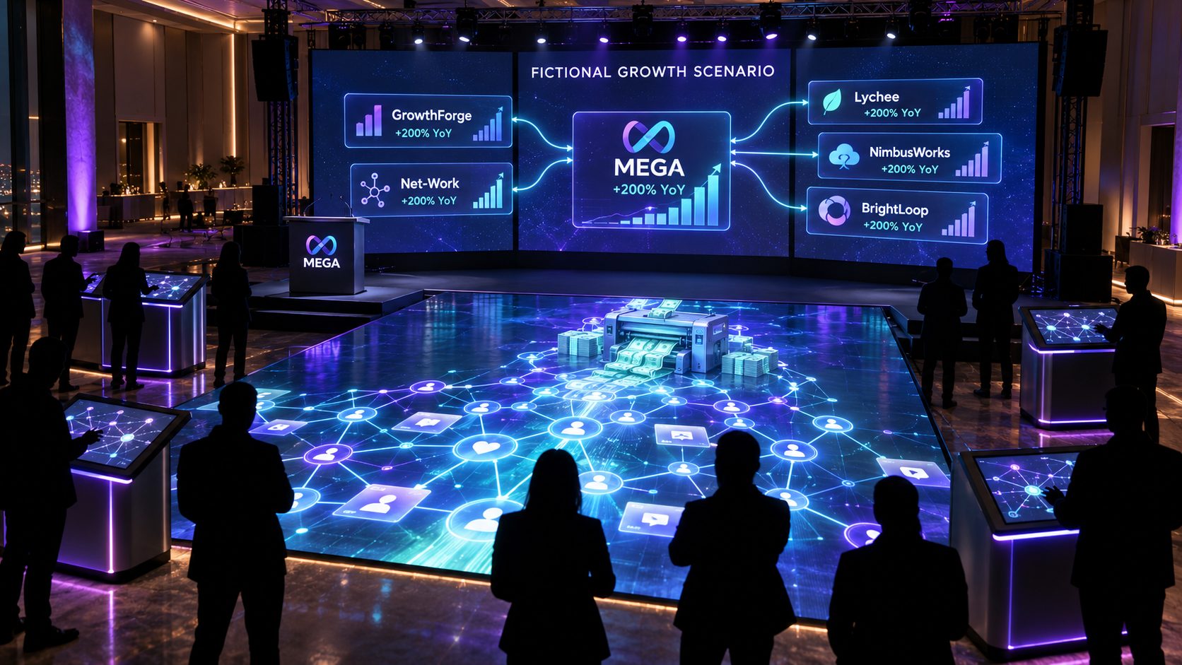 Immergence event showcase with glowing network displays