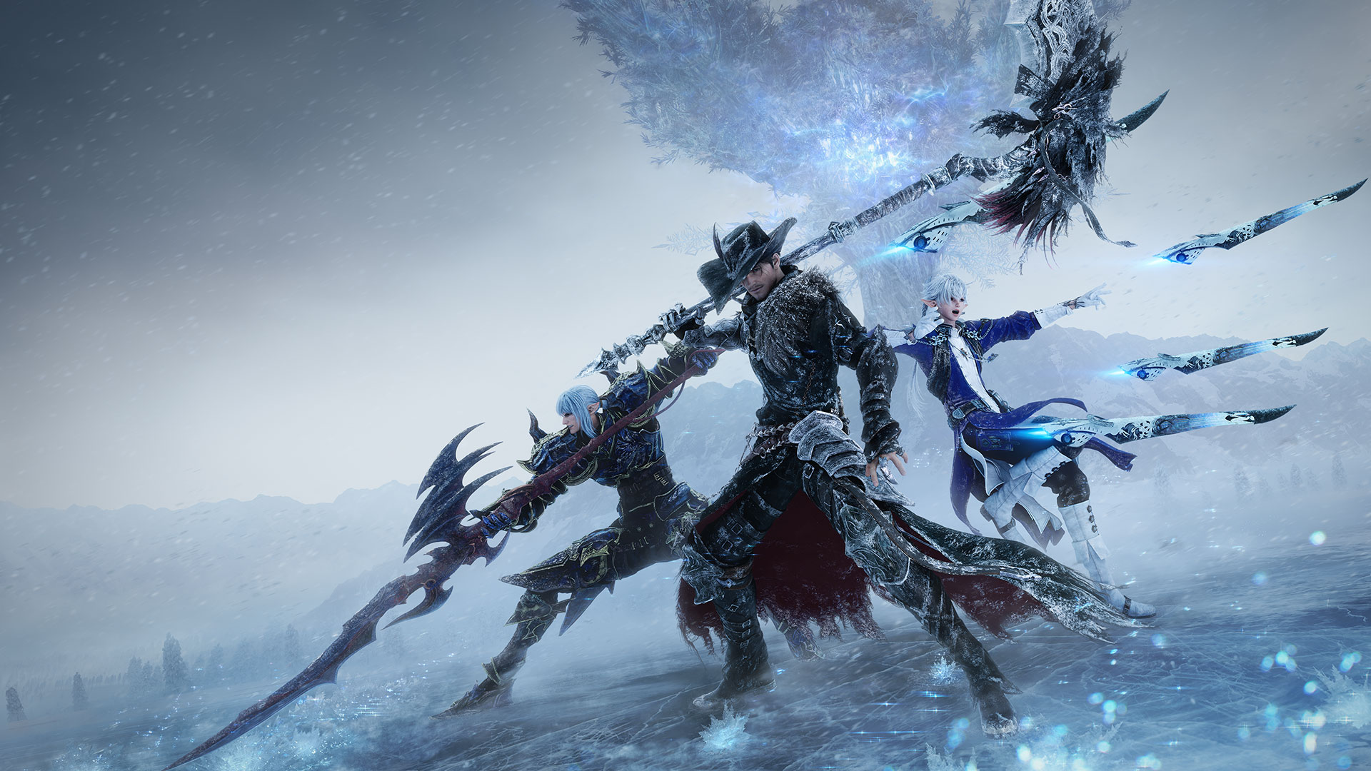 Fantasy heroes in a snowy mountain landscape with a glowing tree