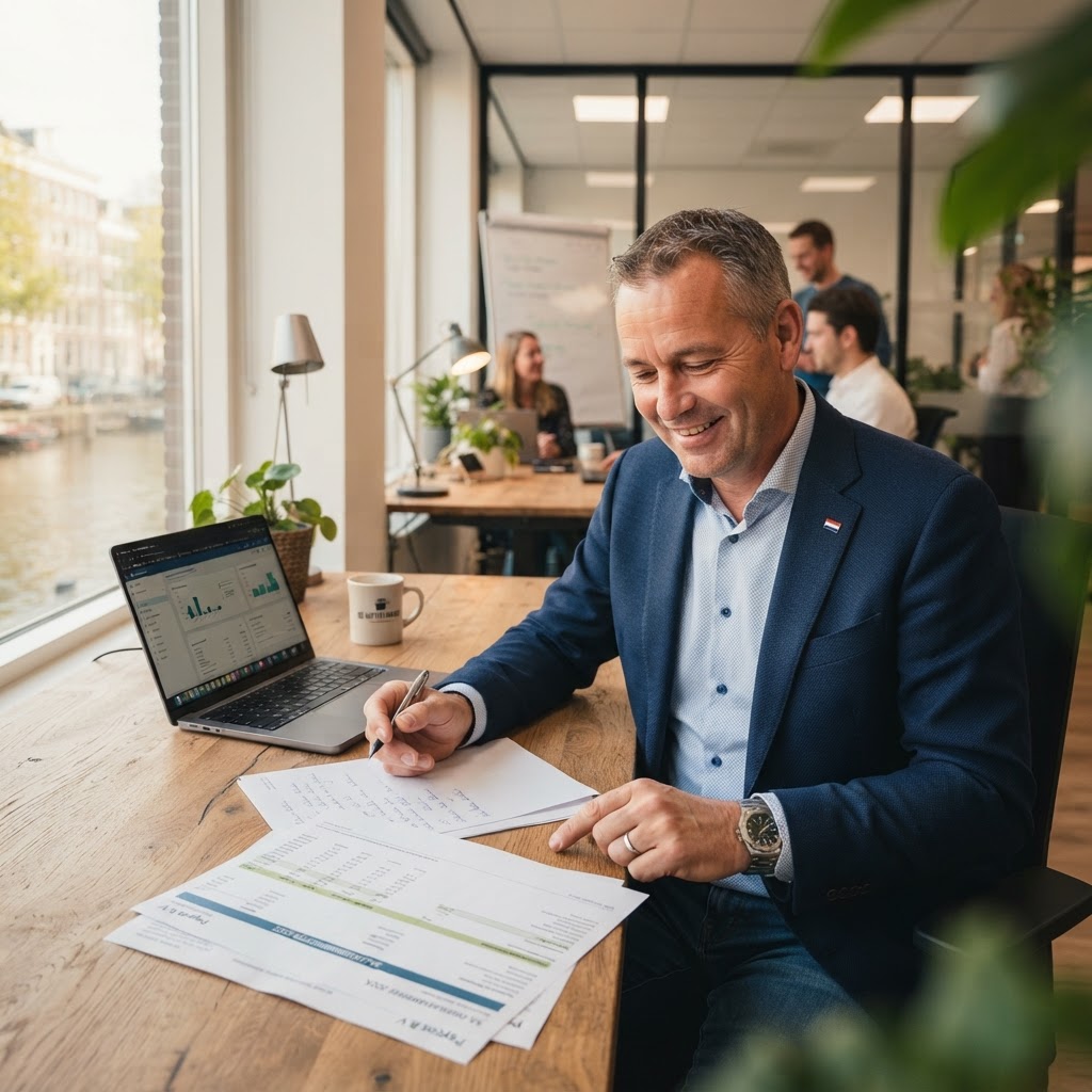 MKB-ondernemer bekijkt salarisadministratie op kantoor