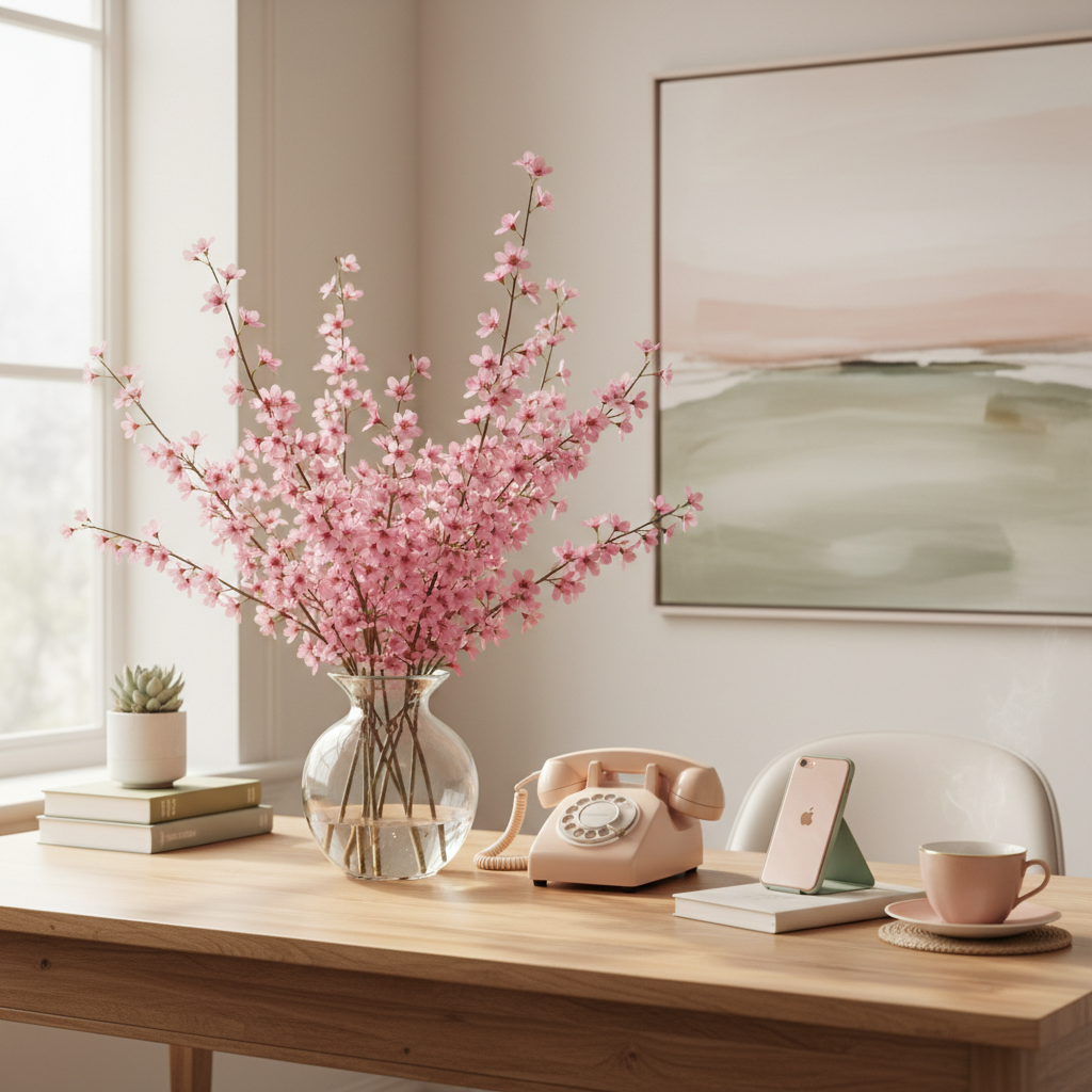 A peaceful desk with pink cherry blossoms — a welcoming space for your discovery call