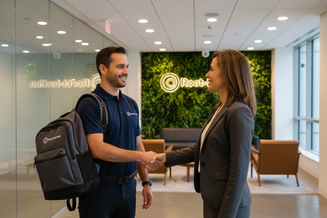 Root-InfoTech technician greeting client