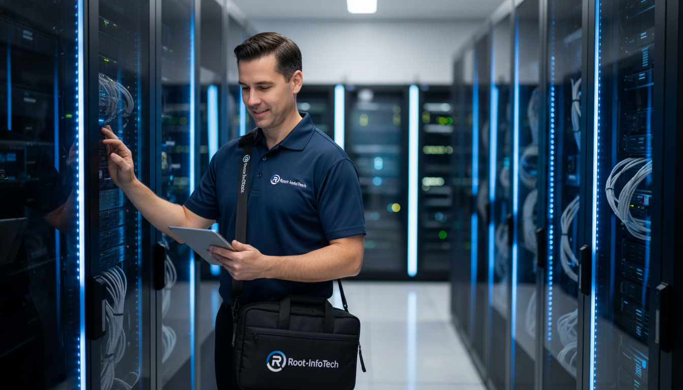 Root-InfoTech professional IT technician in server room