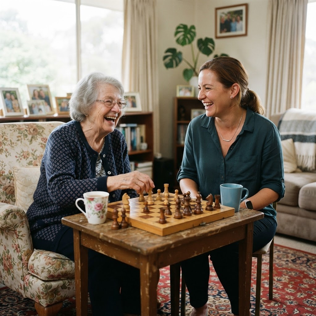 Sandra's mum playing chess and laughing with her ConnectCare support worker at home