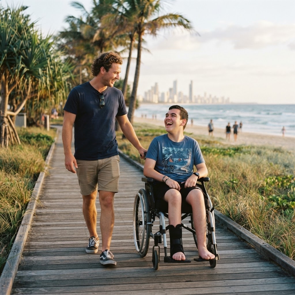 Karen's son with his support worker walking along a Gold Coast beach boardwalk