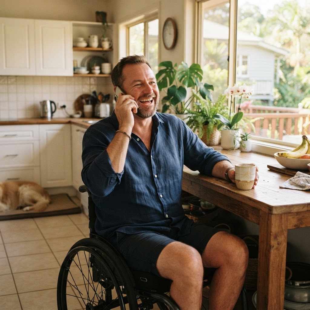 David at home in his kitchen, relaxed and independent, on the phone