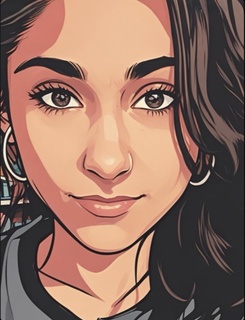A pop-art portrait of a girl with black hair and hoop earrings