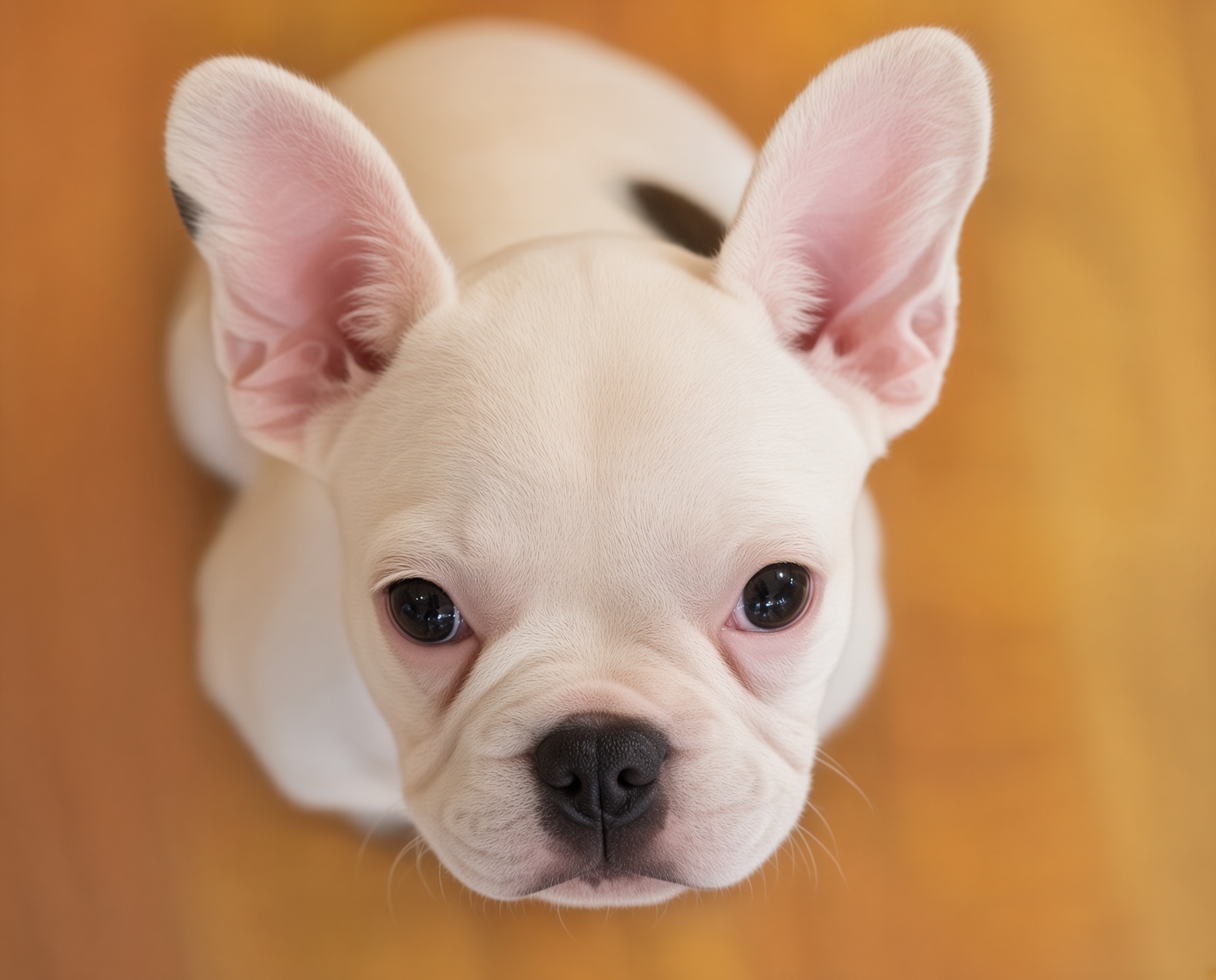A white French Bulldog puppy looking up with big dark eyes, upright bat ears, on a warm wood floor