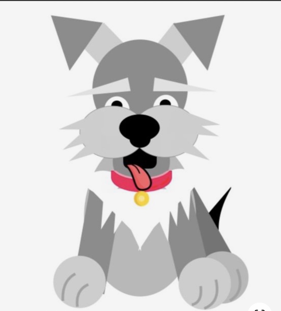 A grey schnauzer cartoon dog with its tongue out and a pink collar